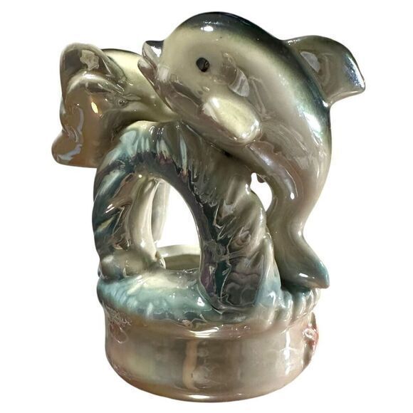 Vintage Iridescent Lustreware Ceramic Blue Dolphins on Trinket Bowl 1960s - Picture 5 of 11